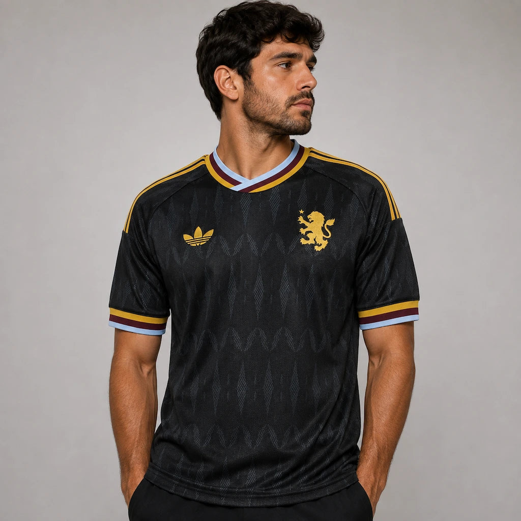 Camisa Aston Villa II 2026/27 Torcedor Adidas masculina preta, uniforme reserva com grafismo inspirado nos antigos lampiões a gás dos arredores do Villa Park. frente