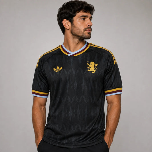 Camisa Aston Villa II 2026/27 Torcedor Adidas masculina preta, uniforme reserva com grafismo inspirado nos antigos lampiões a gás dos arredores do Villa Park. frente