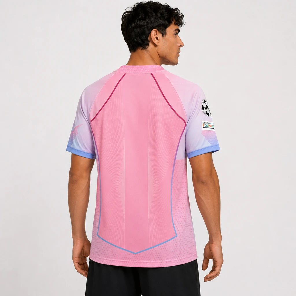 Camisa Barcelona Edição Especial 2025/26 Torcedor Nike rosa, modelo especial com tecido leve e respirável e escudo do FC Barcelona no peito costas