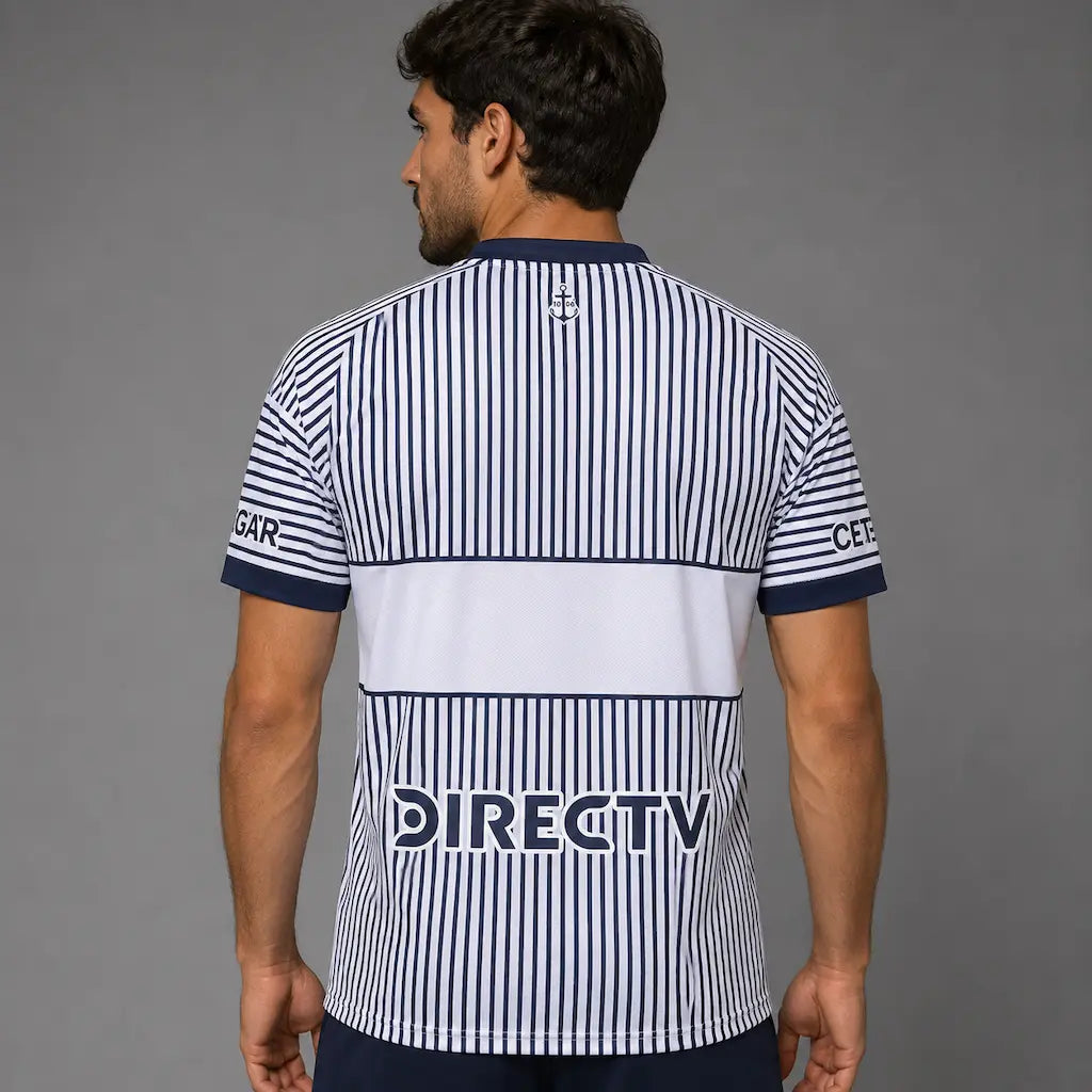 Camisa Boca Juniors II 2026/27 Torcedor Adidas masculina branca, com finas listras verticais azul-marinho e tradicional faixa horizontal do clube. costas