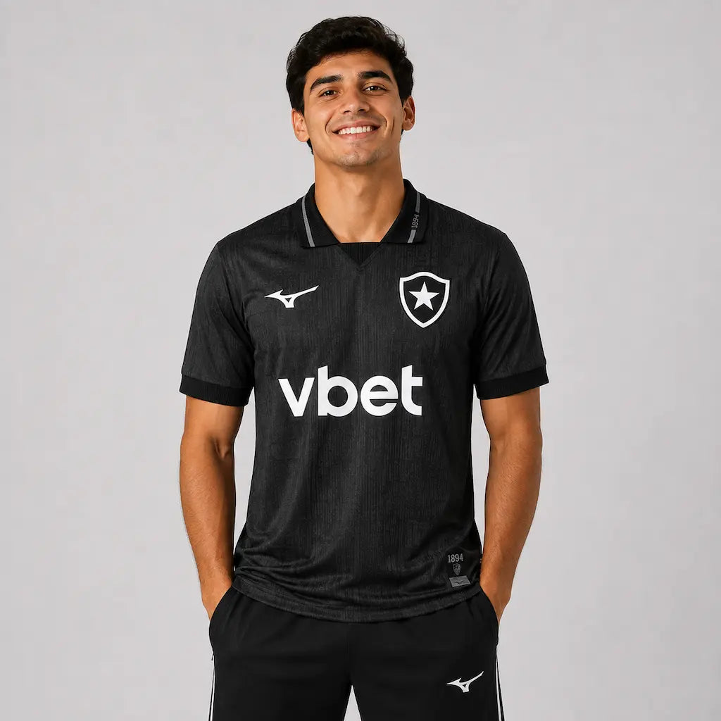Camisa Botafogo II 2026/27 Torcedor Mizuno masculina preta, uniforme reserva inspirado em 1984 com textura em relevo, listras verticais e gola polo frente