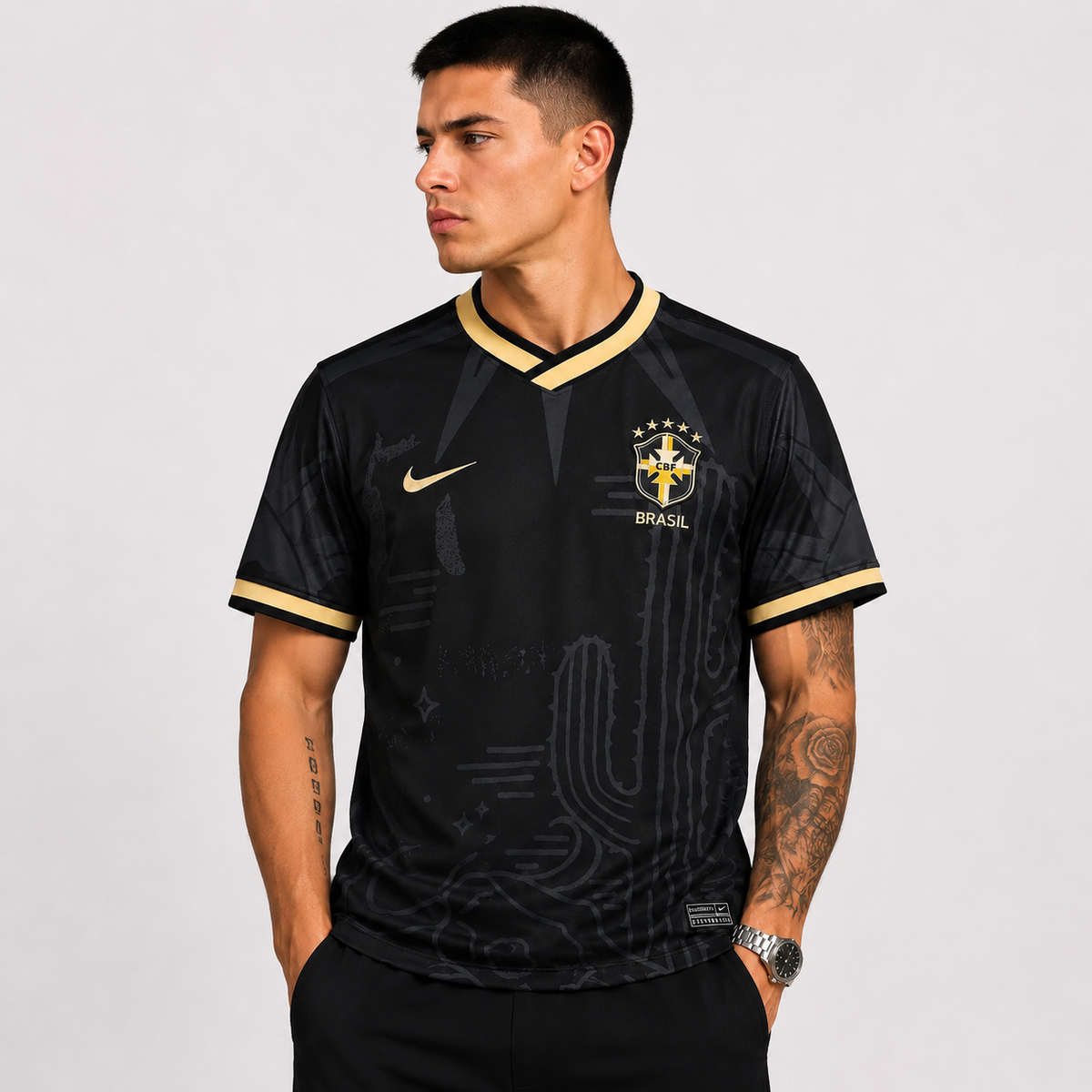 Camisa Brasil Black 22/23 edição especial masculina torcedor, modelo preto da Seleção Brasileira com visual moderno, tecido leve e confortável.