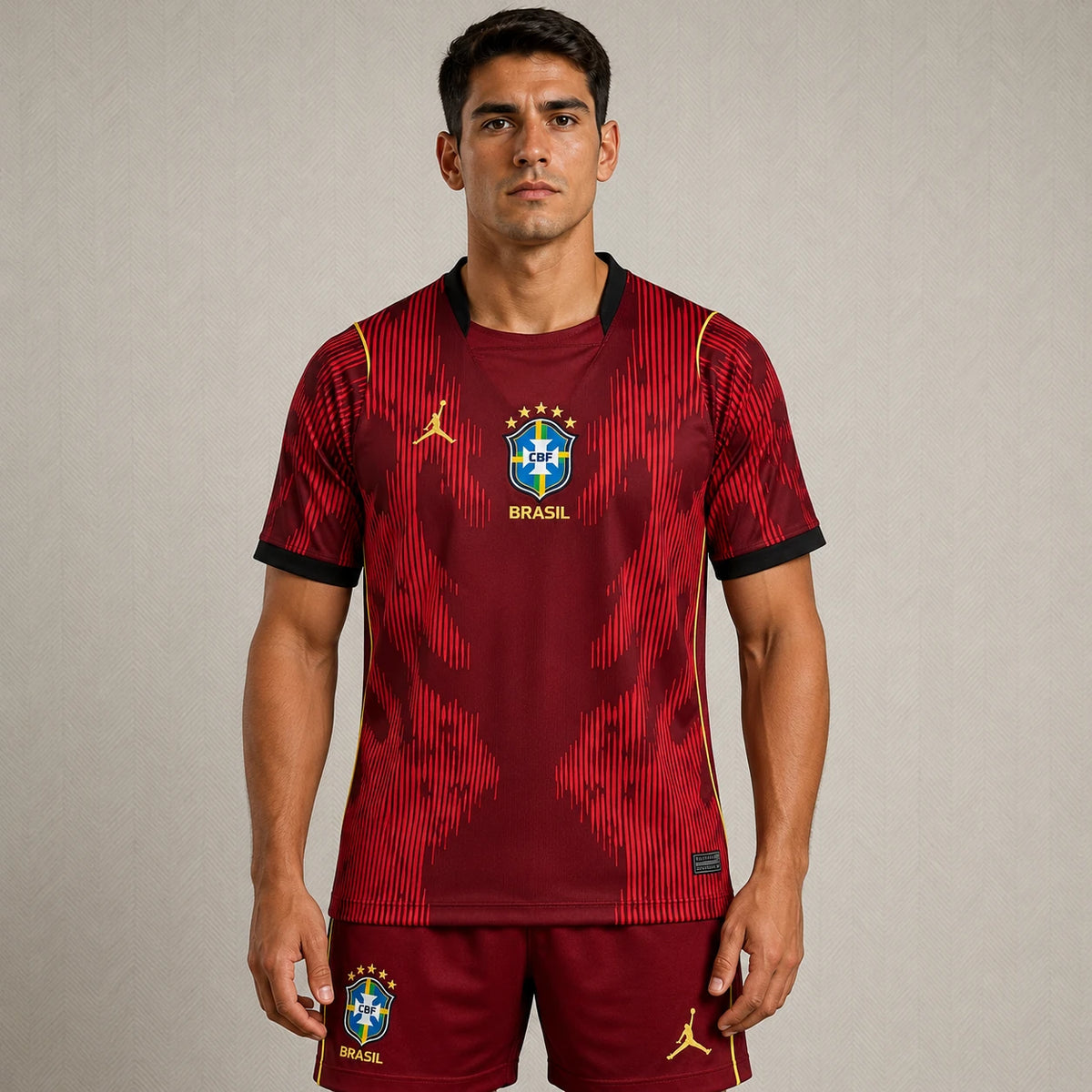 Camisa Seleção Brasileira Vermelha 2026/27 Jordan torcedor masculina, modelo especial vermelho com tecido leve e respirável e escudo da Seleção Brasileira no peito de frente