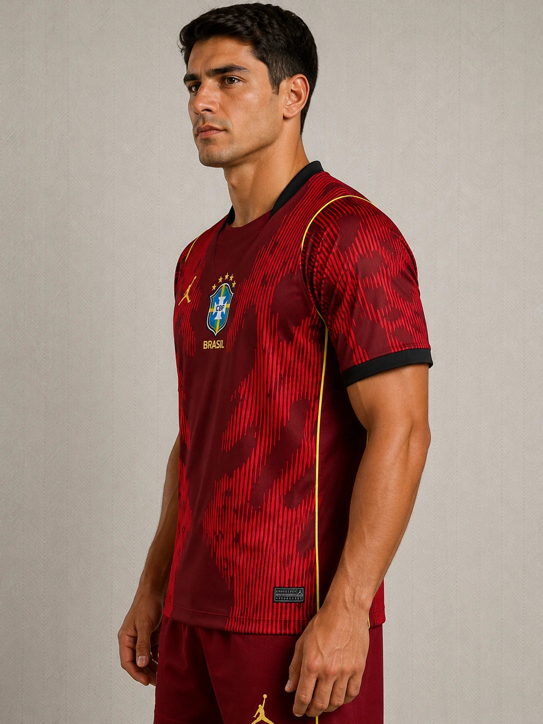 Camisa Seleção Brasileira Vermelha 2026/27 Jordan torcedor masculina, modelo especial vermelho com tecido leve e respirável e escudo da Seleção Brasileira no peito de lado
