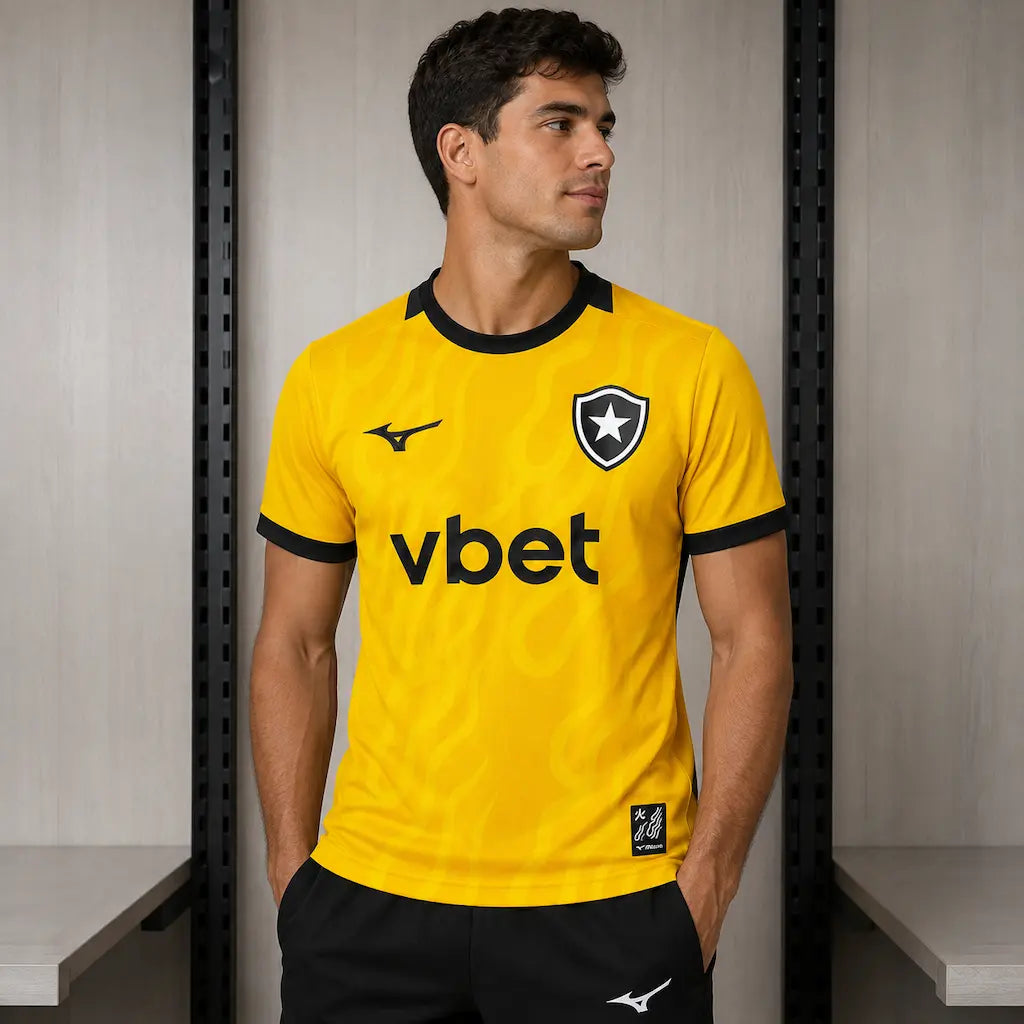 Camisa Goleiro Botafogo I 2026/27 Torcedor Mizuno masculina amarelo-dourado, com padrão gráfico texturizado, detalhes pretos e Estrela Solitária no peito. frente