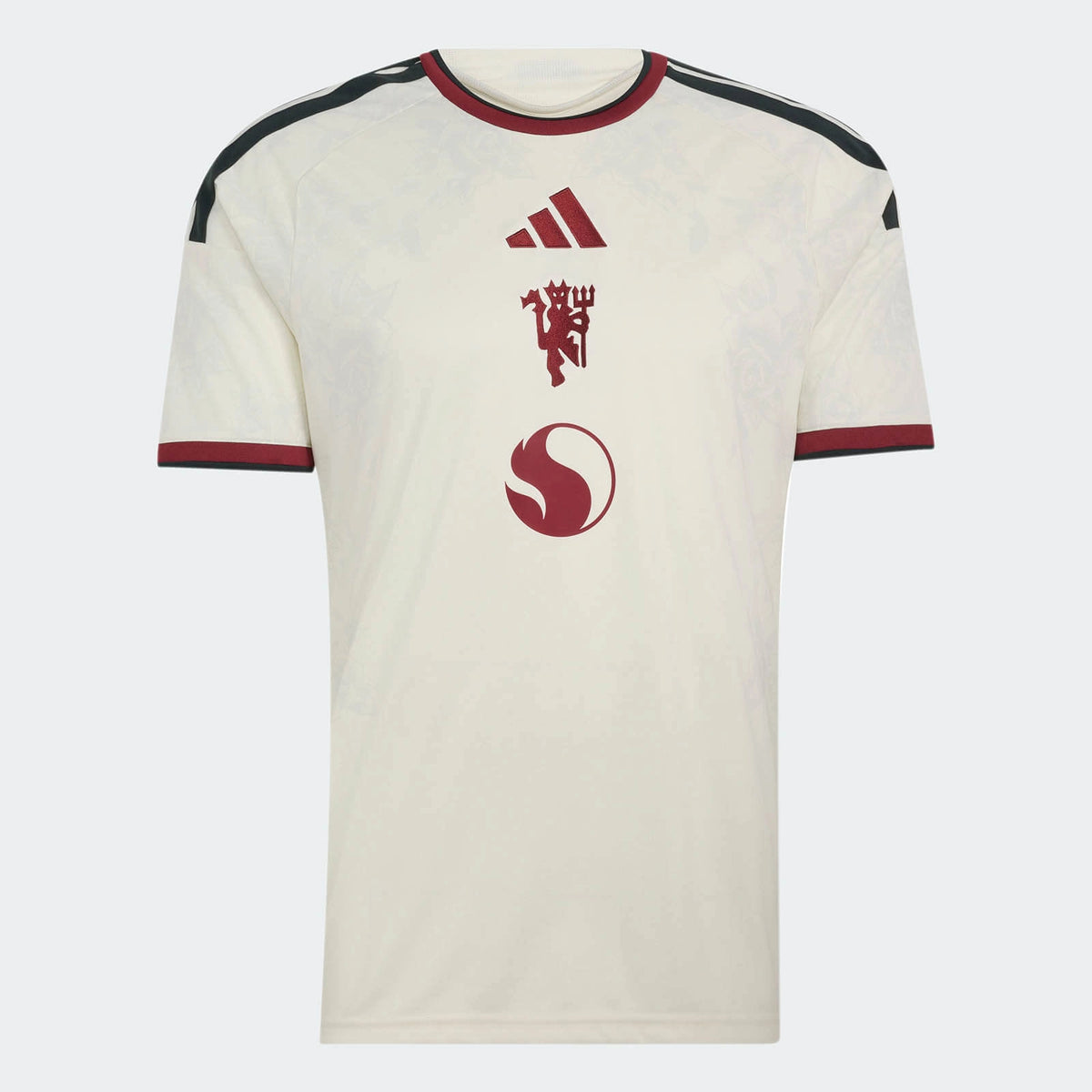 Camisa Manchester United III 2026/27 Torcedor Adidas masculina marfim, com tecido jacquard e desenhos florais de rosas inspirados na cultura de Manchester.