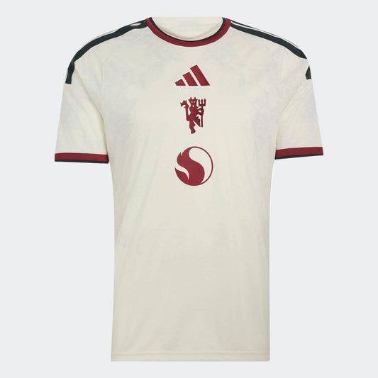 Camisa Manchester United III 2026/27 Torcedor Adidas masculina marfim, com tecido jacquard e desenhos florais de rosas inspirados na cultura de Manchester.