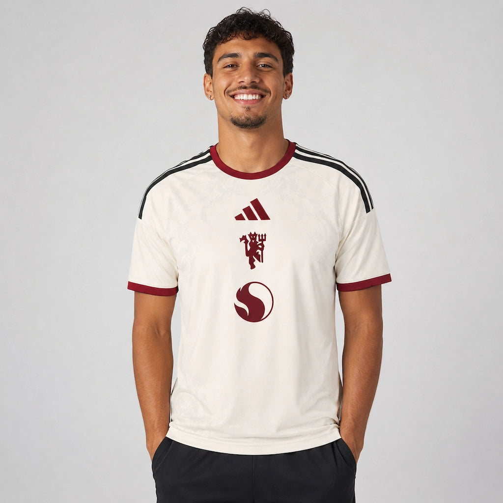 Camisa Manchester United III 2026/27 Torcedor Adidas masculina marfim, com tecido jacquard e desenhos florais de rosas inspirados na cultura de Manchester. frente