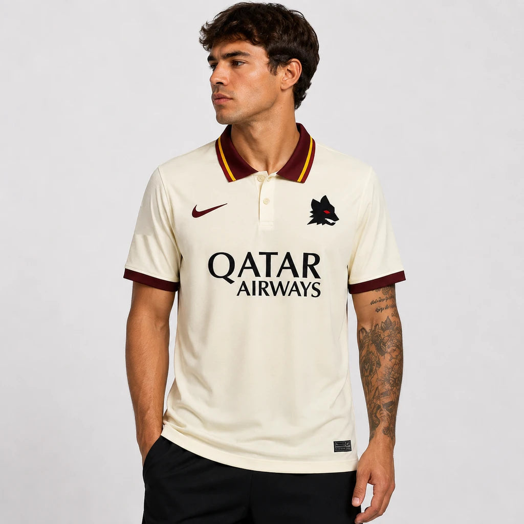 Camisa Roma II 2020/21 Torcedor Nike masculina bege, uniforme reserva com tecido leve e respirável e escudo da AS Roma no peito frente
