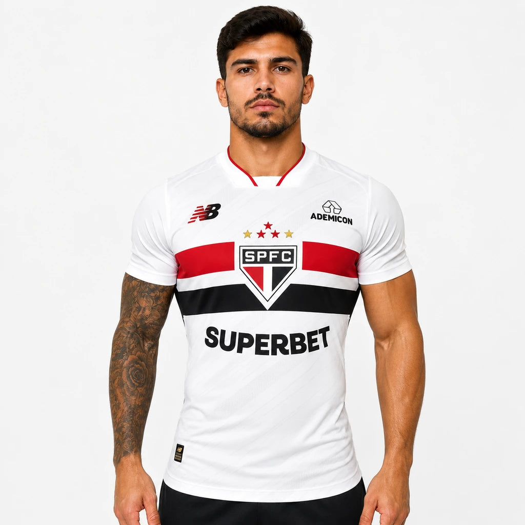 camisa do sao paulo versao jogador branca titular 2026/27 vista de frente apertada e justa ao corpo