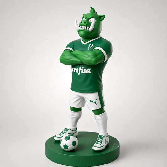 mascote do palmeiras impresso em 3d porco gobbato de frente cara de bravo dentuço de lado com a bola