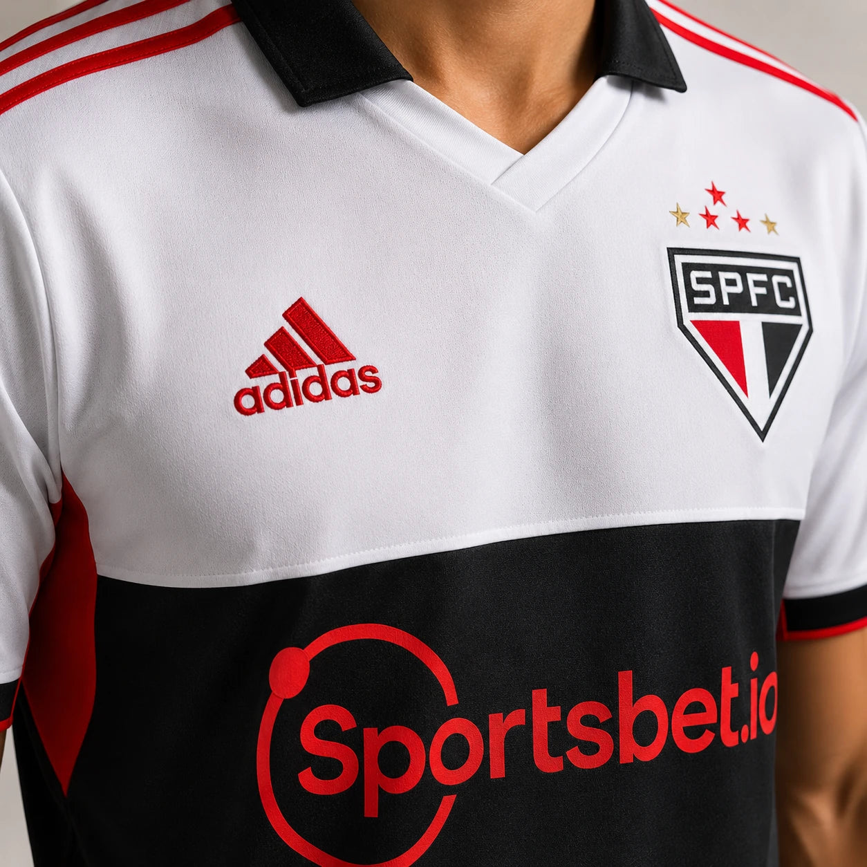 Camisa São Paulo FC III 2022/23 torcedor masculina preta e branca, terceiro uniforme do Tricolor com visual marcante e escudo do clube no peito foto de costas detalhes bordado