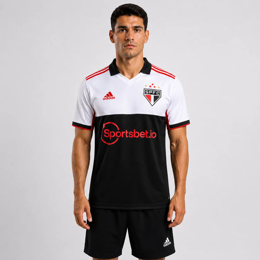Camisa São Paulo FC III 2022/23 torcedor masculina preta e branca, terceiro uniforme do Tricolor com visual marcante e escudo do clube no peito.